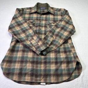 Vintage Pendleton Wool Shirt Jacket – Made in USA – Green Tan Brown Plaid